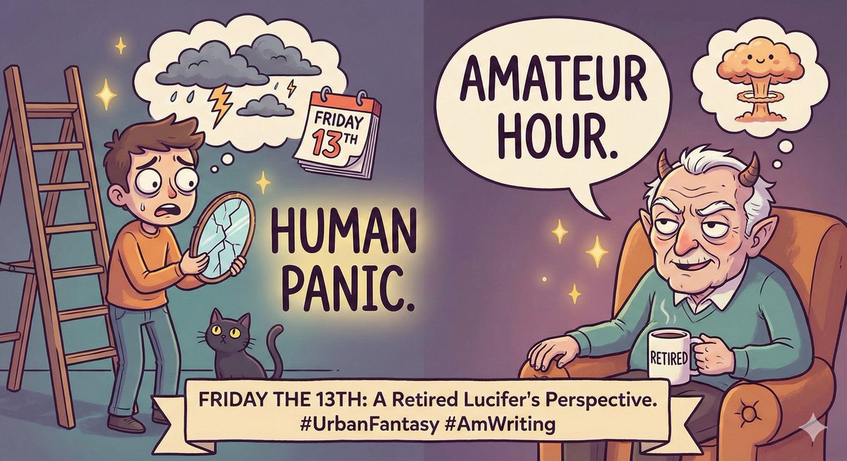 CarolInkSlinger's tweet photo. Humans: "Oh no, Friday the 13th! Bad luck!" 😱

My Protagonist's Grandpa (Retired Lucifer): "Amateur Hour." ☕️

Writing a character who has managed the actual apocalypse makes today feel very quaint. 😂

#FridayThe13th #AmWriting #WritingCommunity #FantasyBooks https://t.co/9TTsA269Yu