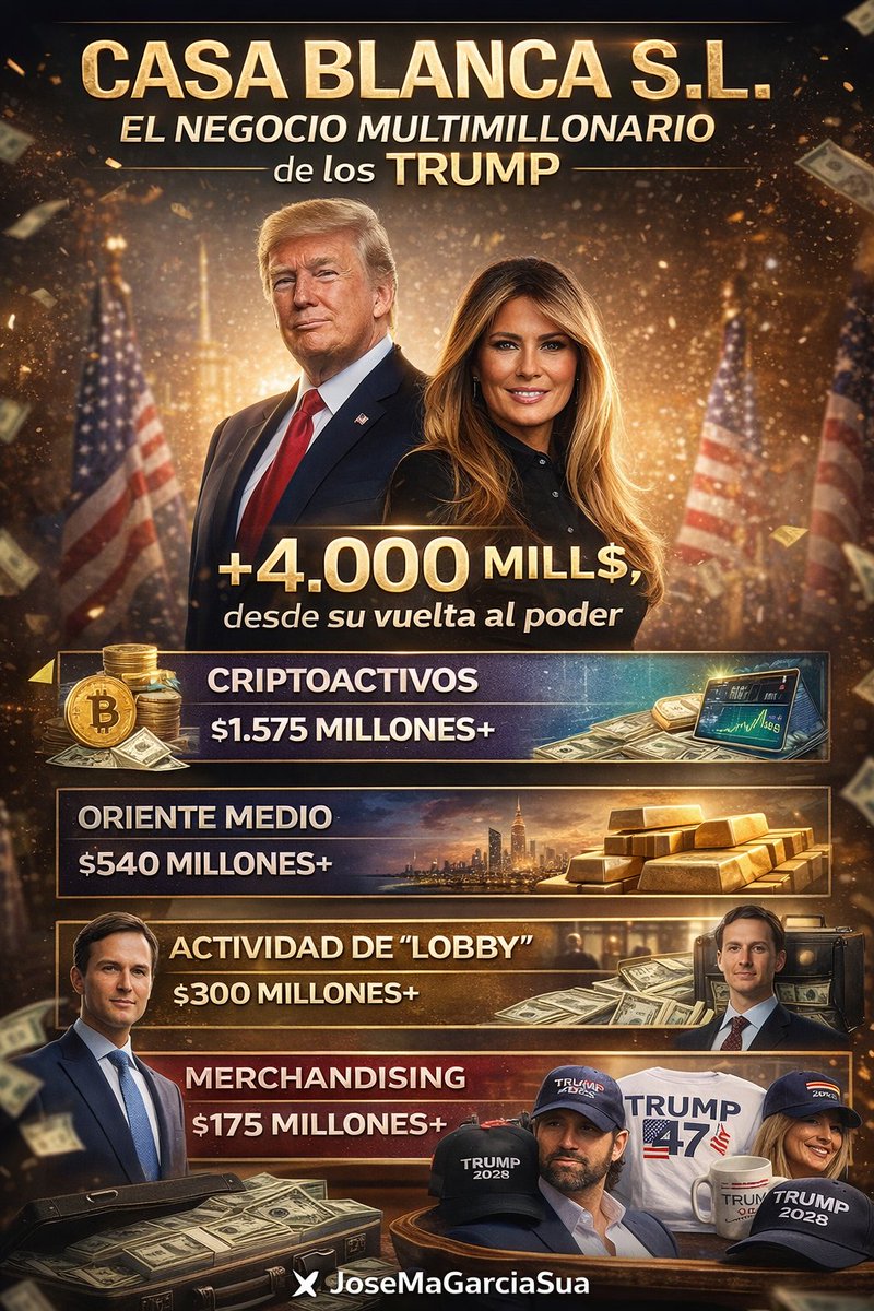 ¿Y si la industria más rentable de una presidencia no fueran las leyes… sino el apellido?

Según The New Yorker, desde el regreso de Trump a la Casa Blanca, su entorno habría generado +4.000M$ en nuevos negocios: cripto (stablecoins, minería), acuerdos en Oriente Medio,