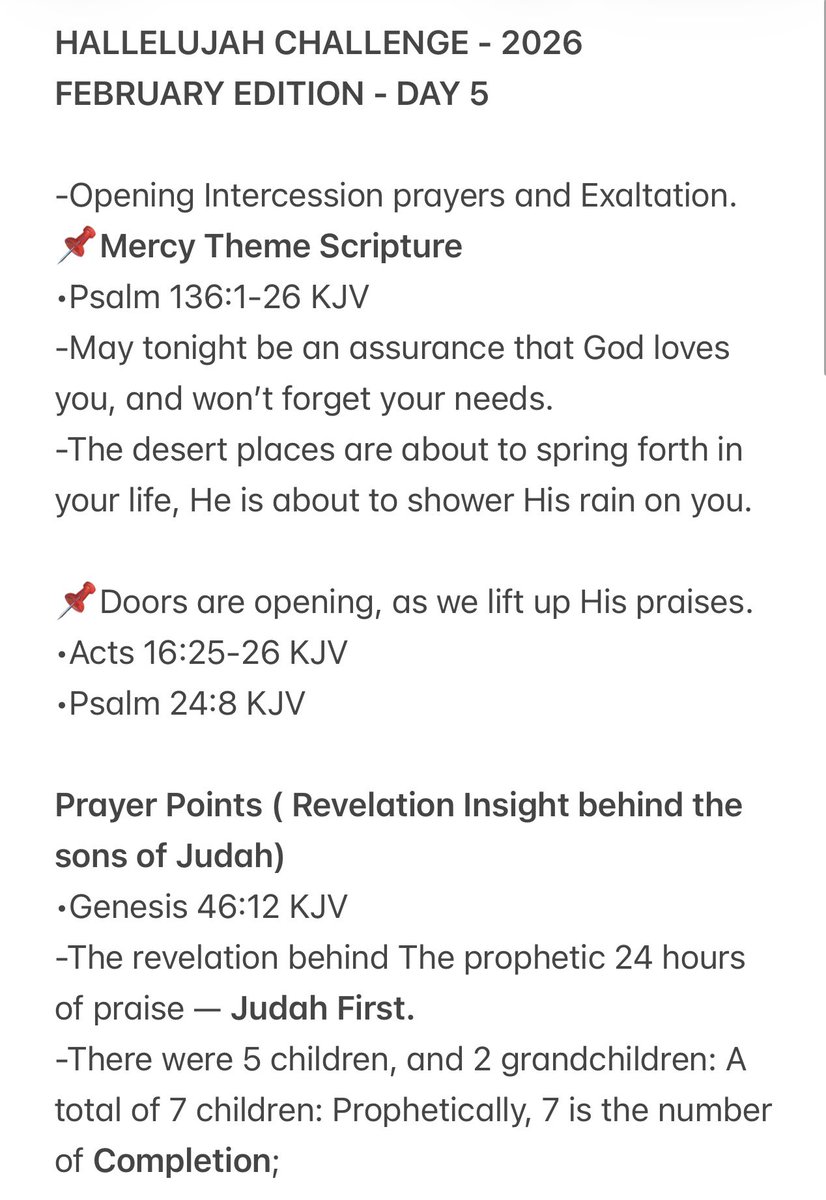 lauragift24's tweet image. Hello Team 🇺🇬
Welcome back from Day 5 of the Hallelujah Challenge - February Edition 2026😅. 
Kindly see below notes for your study as we prepare our hearts and press in for Day 6
You are blessed ❤️🙏🏽. 

#Day5 - SHOWERS OF RAIN
#HallelujahChallengeFeb2026 

1/1