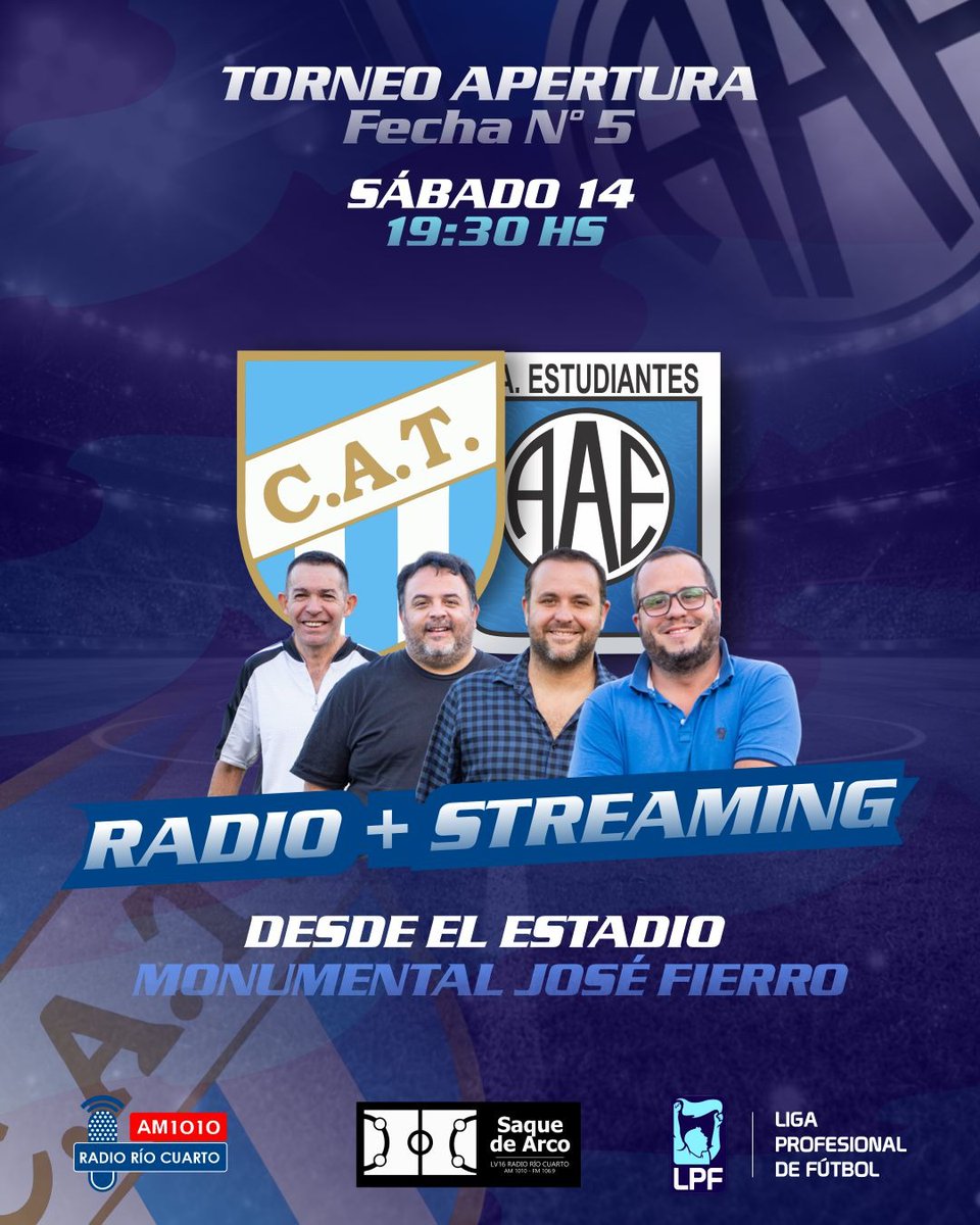 A TUCUMÁN POR LA PRIMERA VICTORIA 

Radio AM 1010 y FM 106.9 + Streaming YouTube: LV16 Multimedio   

🗓️ Sábado 14
⏰ 19:30
🏟️  Monumental José Fierro

🎙️ Relatos: Julián Marengo 
🧠 Comenta: F. Velázquez
🎤 Vestuarios: C. Cuello.
💻Central Inf: J. Oviedo

#EstudiantesRC