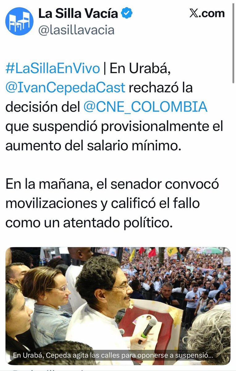 Señoras y señores <a href="/lasillavacia/">La Silla Vacía</a>: 

Respetuosamente solicito a ustedes corregir tres falsedades que aparecen en el mensaje anexo: i) dice que yo habría atribuido la suspensión del aumento salarial al CNE, claramente un despropósito; ii) dice que yo habría afirmado que esta