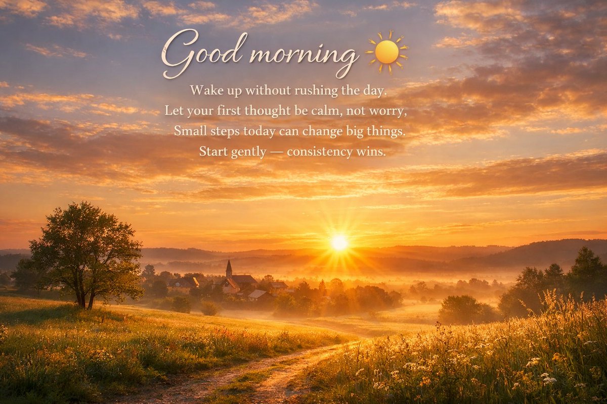 Good morning ☀️
Wake up without rushing the day.
Let your first thought be calm, not worry.
Small steps today can change big things.
Start gently — consistency wins.