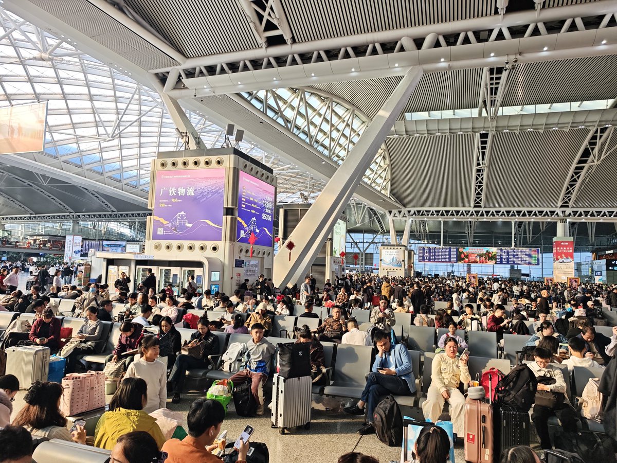 A high speed train leaves GZ South Station every 90 seconds. The station's 28 platforms aren't even straining. The spring festival passenger load is within design basis of course. 

Like the power grid, infrastructure that is sized according to its maximum use scenario. :)