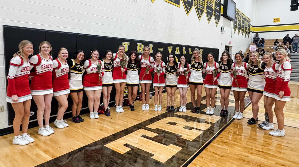 Congratulations to the Tri-Valley senior cheerleaders and players on their Senior Night tonight. Thank you for honoring our senior cheerleaders as well! ❤️ 🩶 🖤💛