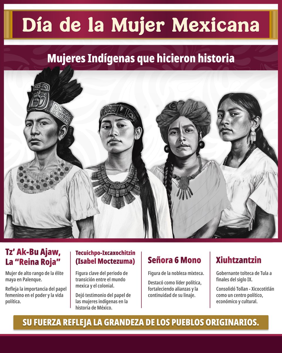 👩🏻 Hoy es el Día de la Mujer Mexicana 🇲🇽, honrando a todas las mujeres: 💜 Las que hicieron historia, las que construyen el presente y las que soñamos para el futuro. 🙋🏻‍♀️

🌸 Conoce a estas mujeres indígenas, guerreras, líderes y visionarias, que rompieron barreras y dejaron un
