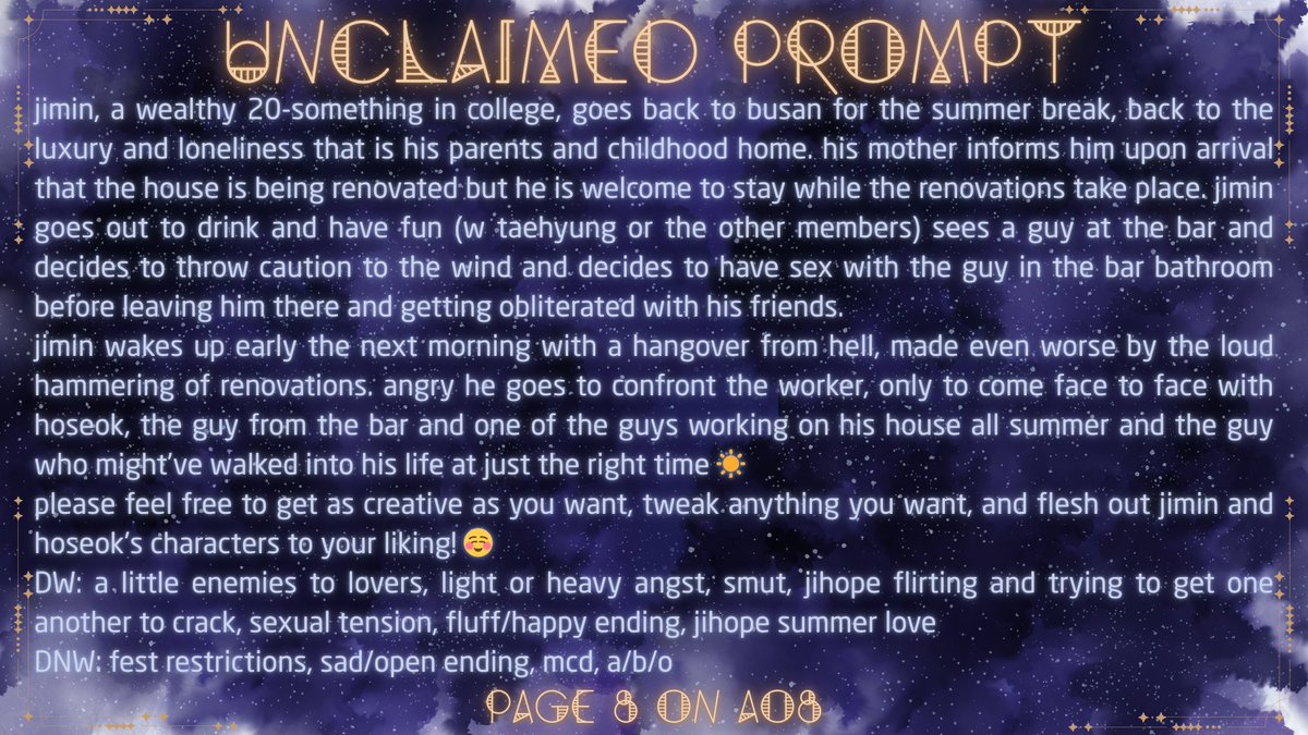 Claim this prompt!

💙 PROMPTS: tiny.cc/jihopeprompt
💛 CLAIMING FORM: tiny.cc/jihopeclaiming