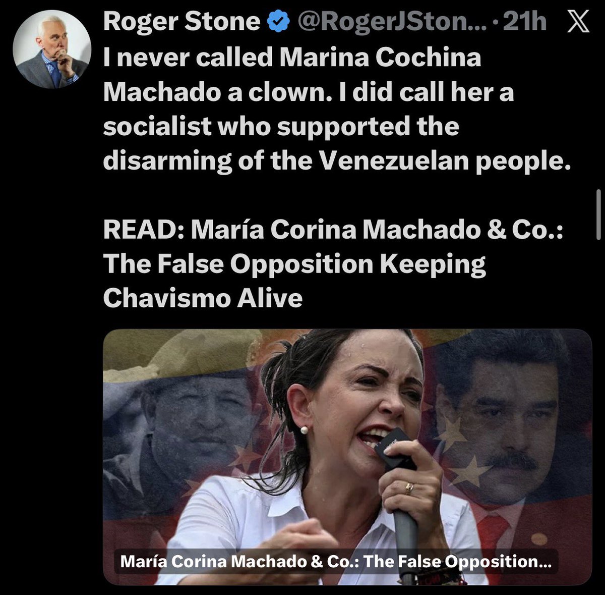 🇺🇸🇻🇪 <a href="/RogerJStoneJr/">Roger Stone</a> sigue exponiendo a la oposición política de Venezuela 👇

Dice:

“Nunca llamé payasa a Marina Cochina Machado. Sí la llamé socialista y defensora del desarme del pueblo venezolano.

LEA: María Corina Machado y compañía: La falsa oposición que mantiene vivo al