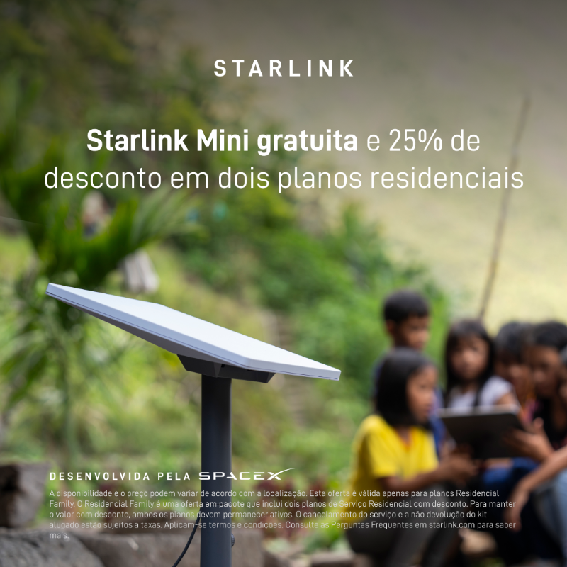 Starlink's tweet photo. Compre uma Starlink Mini, ganhe outra grátis e 25% de desconto em dois planos Residenciais.

Perfeito para compartilhar internet de alta velocidade com um familiar.