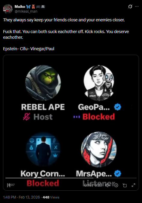 Now <a href="/mikeal_man/">Maiko 🦋🧸🎮🏴‍☠️</a> is alienating his real life friends over Twitter beefs (and ofcourse, stealing 'his' girl 😭).

Sad, retarded, and gay. The downward spiral of Maiko continues!