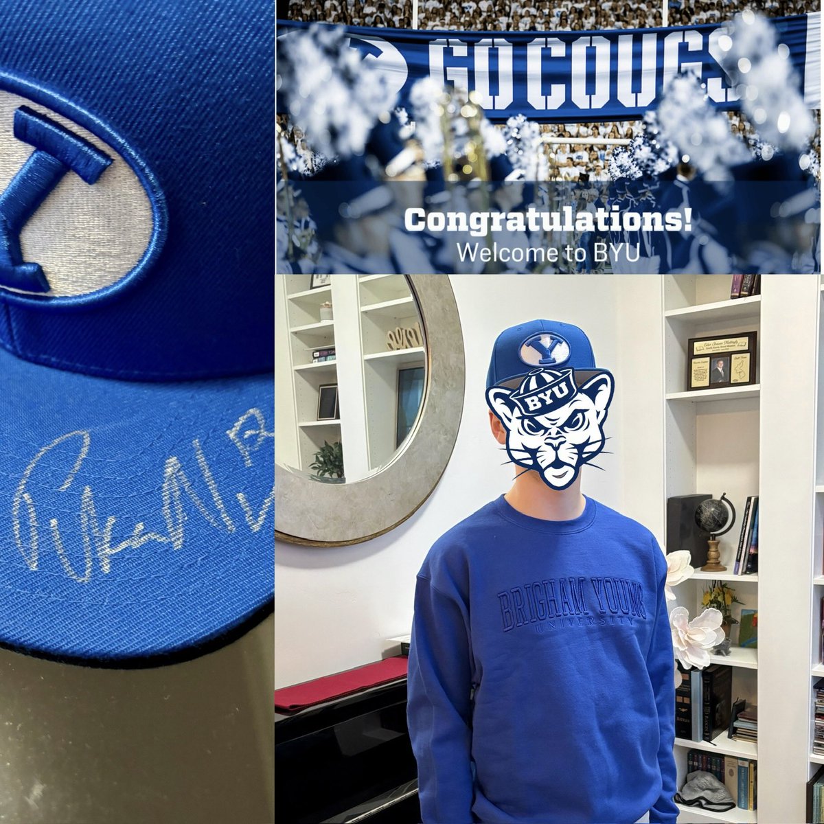 RonSoloSwanson's tweet photo. When you get accepted to BYU, you wear the signed @AsapPuka hat! Congrats to my little man! He also has a full ride offer to Utah State, but, come on, it’s BYU!!! 🤙🏻💙
#byubound https://t.co/XgEtCQvlZX