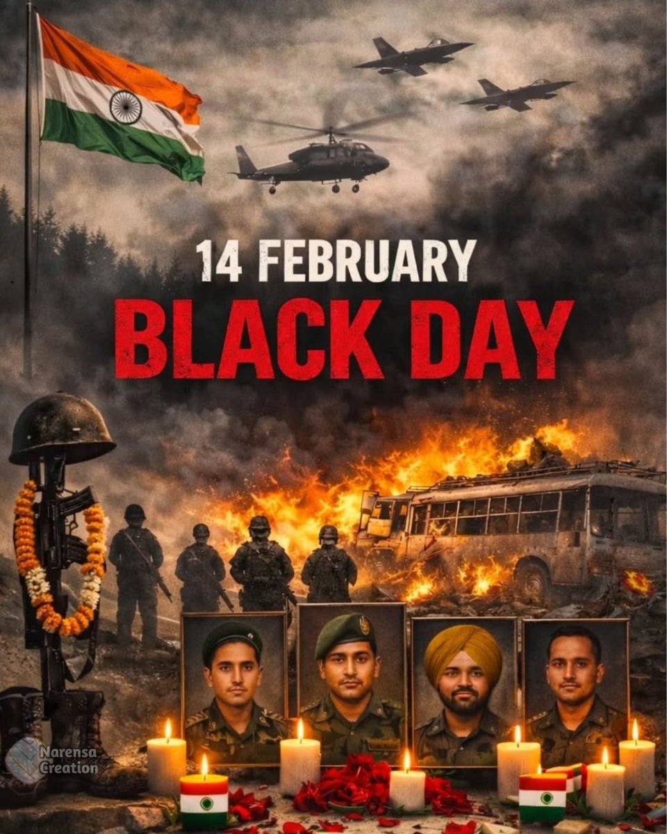 பலருக்கும் இன்னிக்கி #ValentinesDay யா இருக்கலாம்..
ஆனா எங்களுக்கு #Blackday

கோழைகள் நேருக்கு நேர் நின்னு சண்டை போட தைரியம் இல்லாமல் எல்லை தாண்டி வந்து முதுகில் குத்திய நாள்😡..

Never forget Never Forgive..
#PulwamaAttack