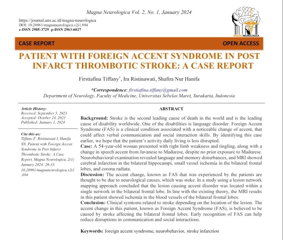 Kasus kedokteran aneh:
Karena stroke, tiba tiba aksen Jawa berubah jadi Madura

Case report: perempuan 54 th, pasca stroke aksennya kedengeran jadi “Madura” padahal ga pernah belajar/tinggal di sana. Pas diperiksa MRI ada lesi iskemik (stroke) area frontal. Kejadian kaya gini