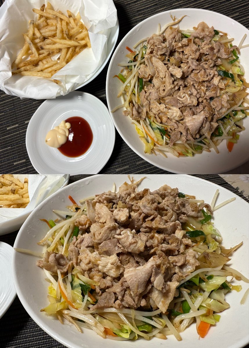 🌷さぁ夕食の時間ですよ❗️
本日は家庭料理の定番と
言えば…

⭐️豚バラ肉の生姜焼き🥩
⭐️ポテトフライ🍟

お野菜もいっぱい
お肉もいっぱい
大満足生姜焼きは最高😀❗️