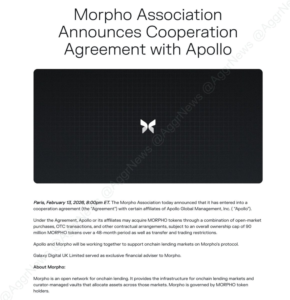 AggrNews's tweet photo. ASSET MANAGER APOLLO, WHICH MANAGES $900B, ENTERS AGREEMENT TO PURCHASE UP TO 90M MORPHO OVER 4 YEAR PERIOD; WILL WORK TOGETHER FOR ONCHAIN LENDING: BLOG https://t.co/lYcMxmCdBp