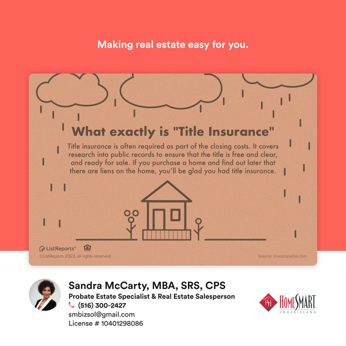 SandraMcCarty's tweet image. What is title insurance in real estate?

Title insurance protects homebuyers from hidden title defects, unpaid property liens, ownership disputes &amp;amp; public record errors.

It’s a one-time closing cost that protects your property ownership long-term.

#TitleInsurance #HomeBuying