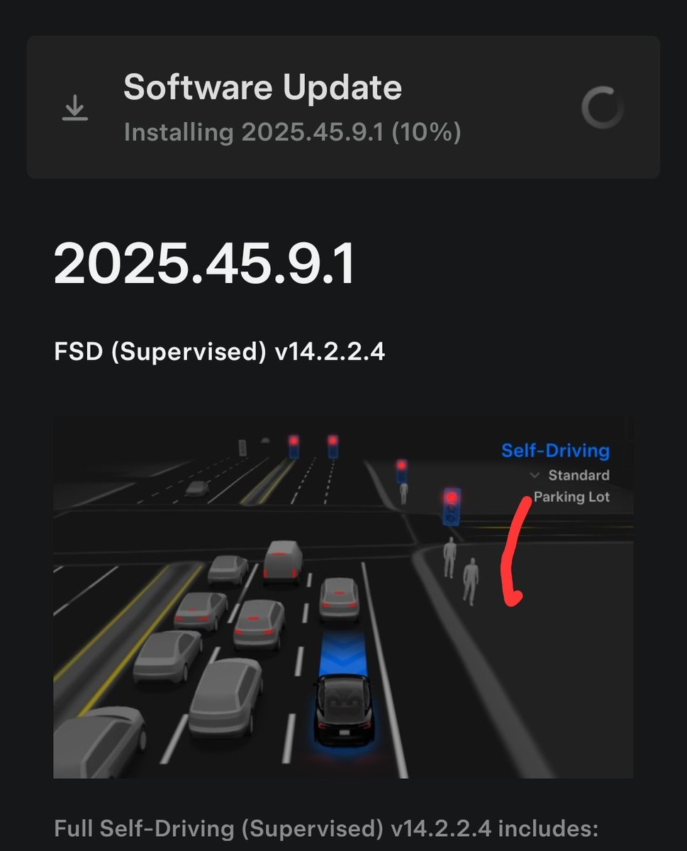 Tesla software update 2025.45.9.1 is coming  ✨

Same FSD 14.2.2.4 as before but with minor bug corrections.