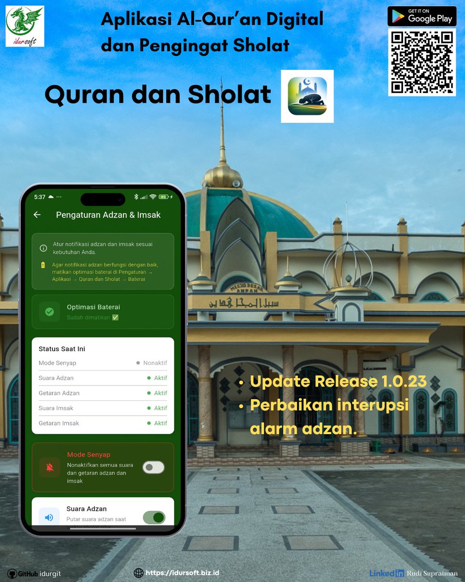 cakidur's tweet photo. Alhamdulillah, berkat masukan dari pengguna aplikasi 'Quran dan Sholat', telah rilis update versi 1.0.23 untuk perbaikan interupsi alarm adzan yang lebih stabil. Semoga semakin membawa berkah.
Aplikasi tersedia di Google Play https://t.co/R2y2eQh3Ao
#aplikasiquran #adzan https://t.co/VoK2DvjBQj