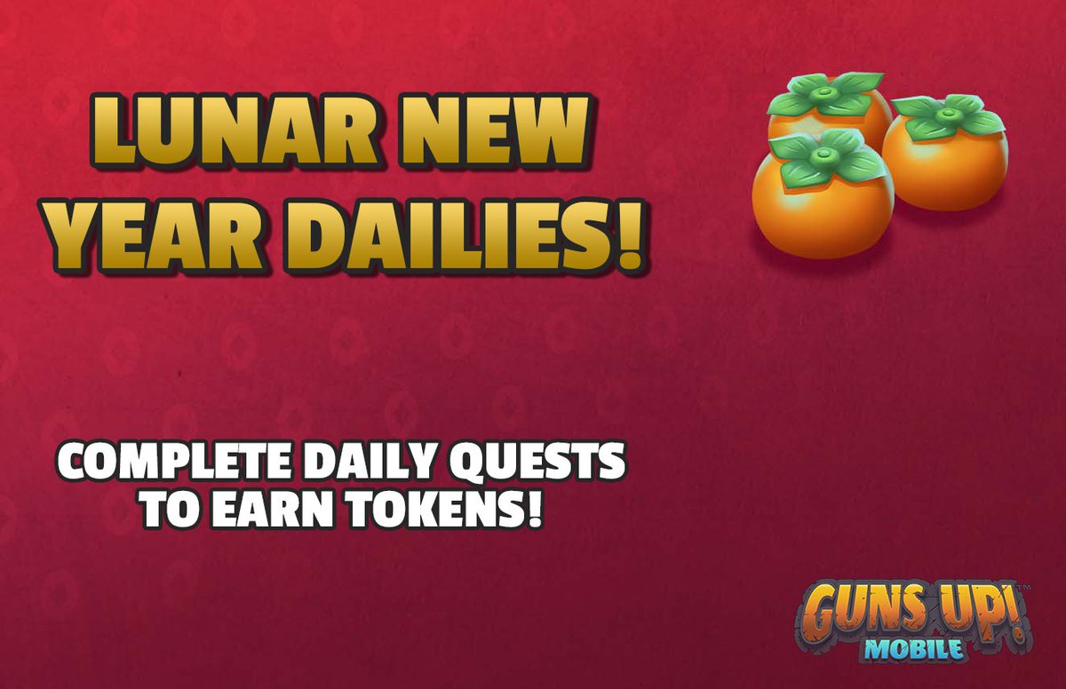 GunsUpMobile's tweet photo. [Lunar New Year Dailies - Special Event]
Complete Daily Missions to earn "Gifting Persimmons", which can be used to send "Lunar Gift Bags" to your Alliance Members.

*Sending "Lunar Gift Bags" will earn you points for the "Lunar New Year Gifts" Event! https://t.co/KIKyIs6jmM