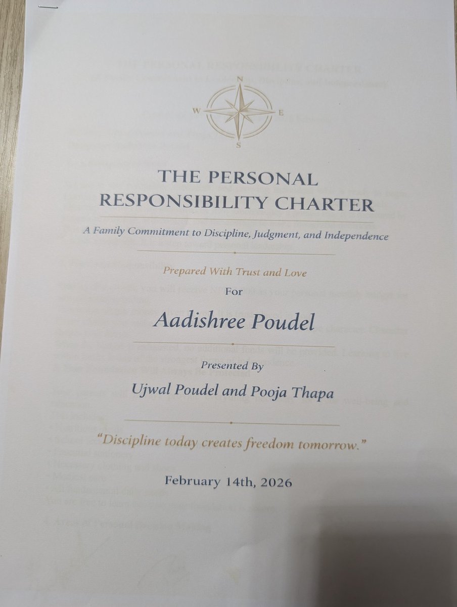 ujpoudel's tweet photo. Today we signed more than a document.
We signed trust.
We signed responsibility.
We signed the beginning of your independence.
Happy Birthday, Aadishree.
“Discipline today creates freedom tomorrow.”
Proud of you.
Dad &amp; Mom. https://t.co/zwbcVnJIBs
