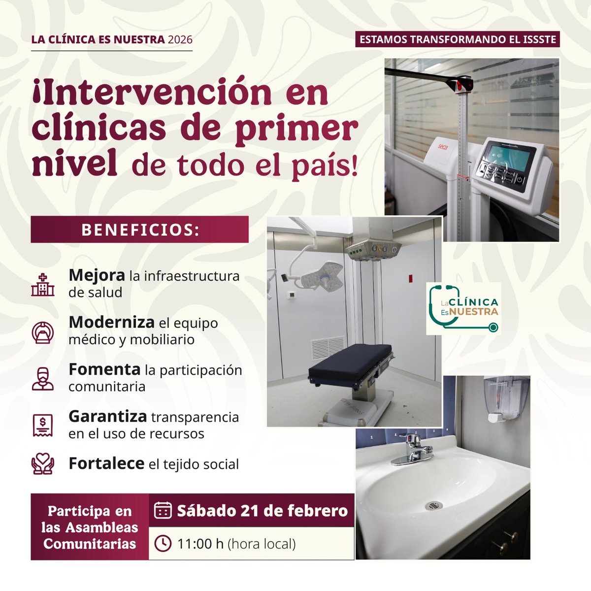 🗓️ ¡Súmate a las Asambleas Comunitarias #LaClínicaEsNuestra <a href="/ISSSTE_mx/">ISSSTE</a>!

Inicia la cuenta regresiva para participar en la mejora de nuestras unidades médicas. 

Tu opinión cuenta para transformar los servicios de salud.

🗓️ Sábado 21 de febrero
🕚 11:00 horas 
📍 Unidades Médicas