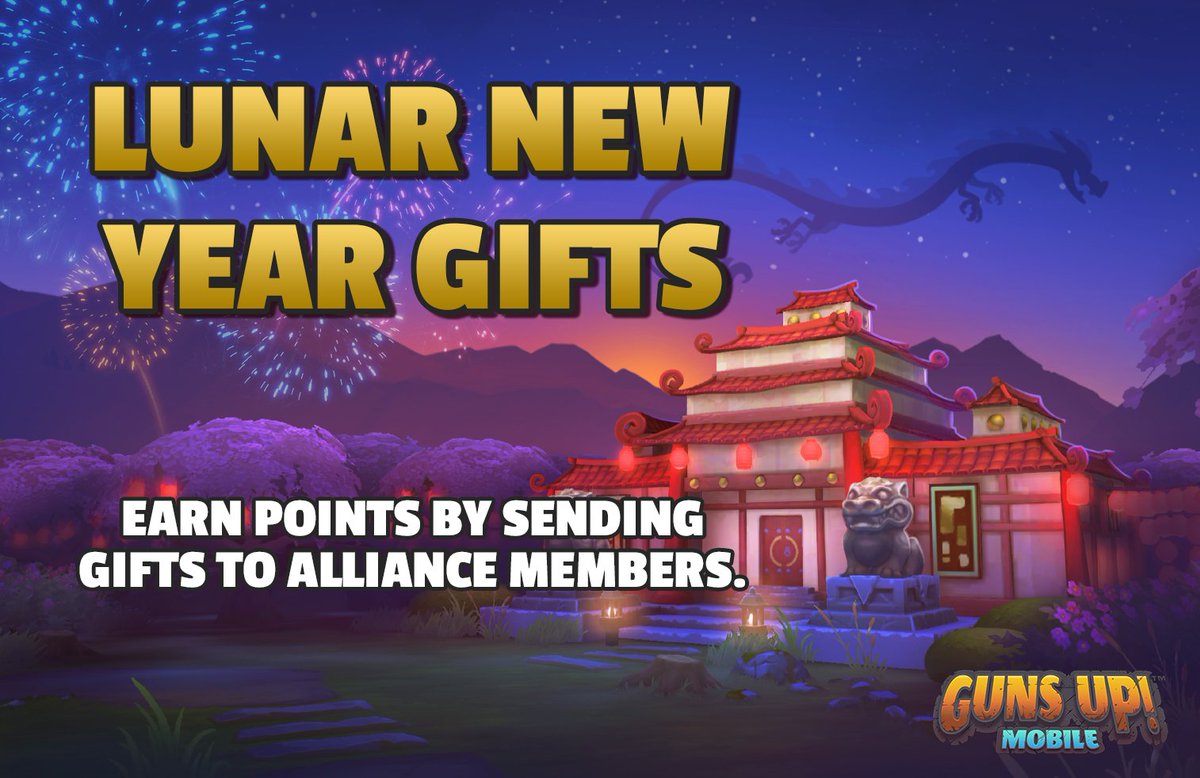 GunsUpMobile's tweet photo. [Lunar New Year Gifts - Special Event]
Send Gifts to your Alliance Members to earn "Lunar Tokens".

*Lunar Tokens can be used in the Event Shop to purchase Base Decorations, Keys, and more! https://t.co/VzCnv3ZhWU
