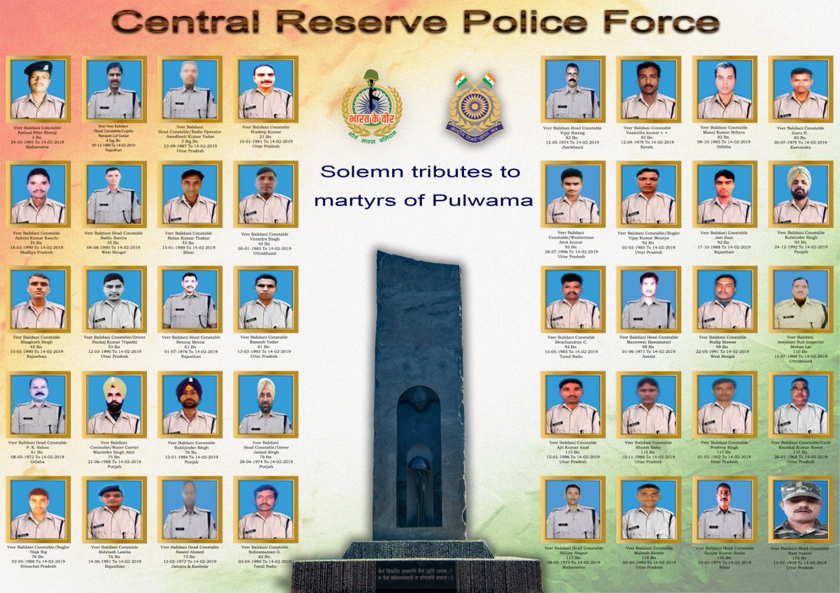 Lest we forget.

​On 14 Feb 2019, 40 bravehearts of <a href="/crpfindia/">🇮🇳CRPF🇮🇳</a> made the supreme sacrifice in #Pulwama. Their valour remains etched in our hearts forever.

​DG Shri <a href="/gpsinghips/">GP Singh</a> &amp; all Ranks pay solemn tributes to our martyrs. We stand firmly with their families.

#NationFirst