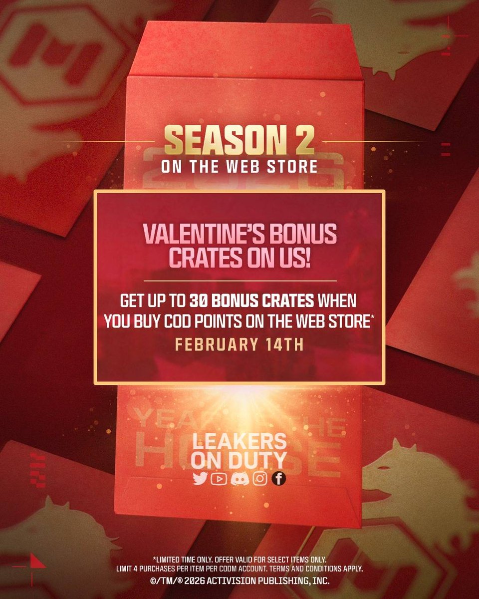 LeakersOnDuty's tweet image. [Global] Valentine’s Day Offers in the Official Game Store

*Buy 5400 CP and get 20 Sweet Valentine Crates. 

*Buy 11600 CP and get 30 Anime Super Crates. 

Store link: store.callofdutymobile.com/en-us/codm

#CODMobile #callofdutymobile #codm #codmnews #codmleaks