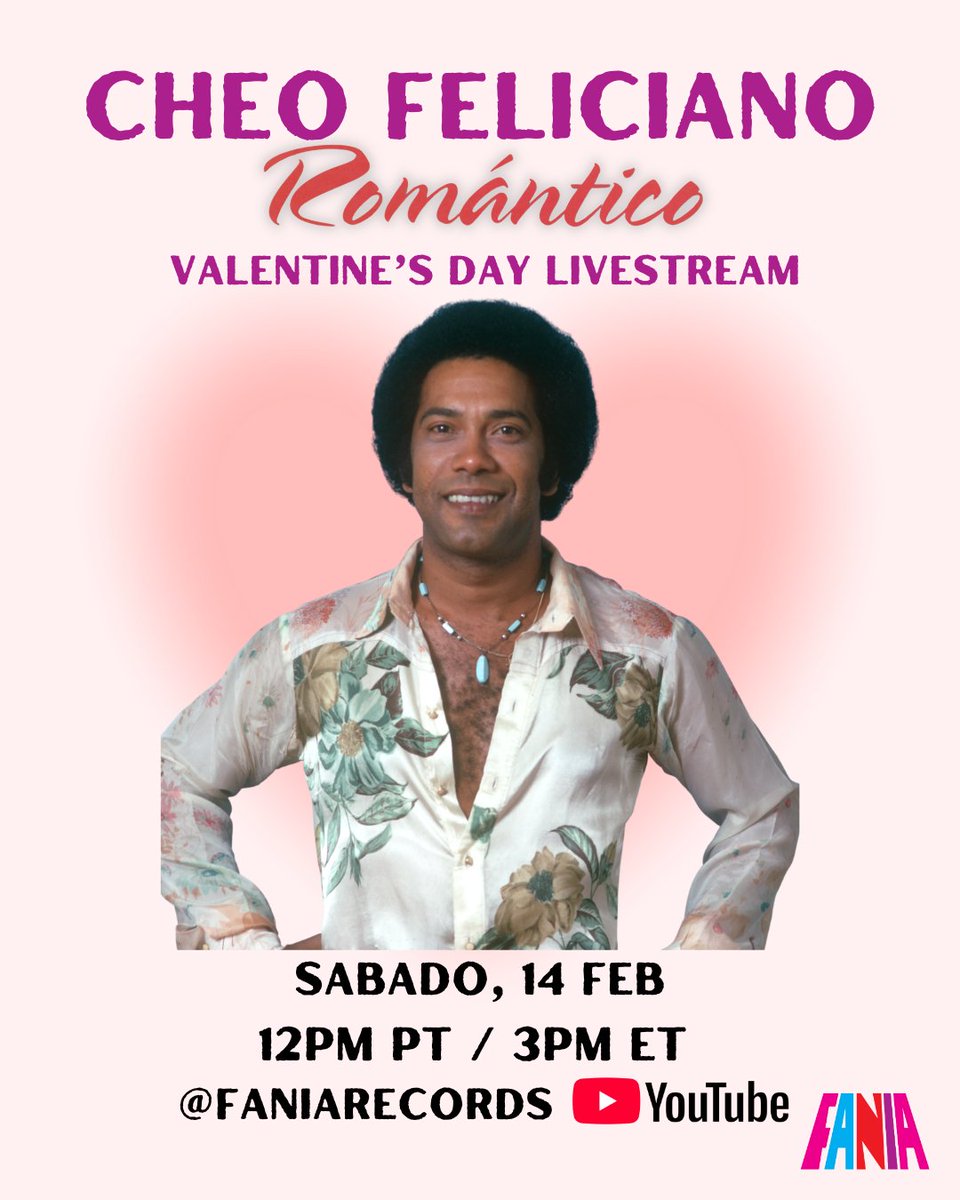 Faniamusic's tweet image. One of salsa’s most romantic voices comes alive in our YouTube LIVESTREAM 
ffm.link/cheo-feliciano… 
🩷 Saturday, February 14
⏰ 12PM PT / 3PM ET

Streaming live on: @FaniaRecords #CheoFeliciano #Cheo #MusicaRomantica #Salsa #FaniaRecords #ValentinesDay #DiaDeSanValentin