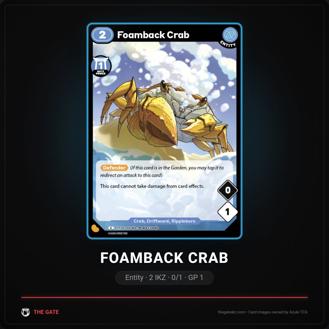 Crab Battle

Seen in Shao decks.
Featured in The Invitational trailer.

Foamback Crab is officially a fan favorite.

Two IKZ for a problem most decks hate solving.