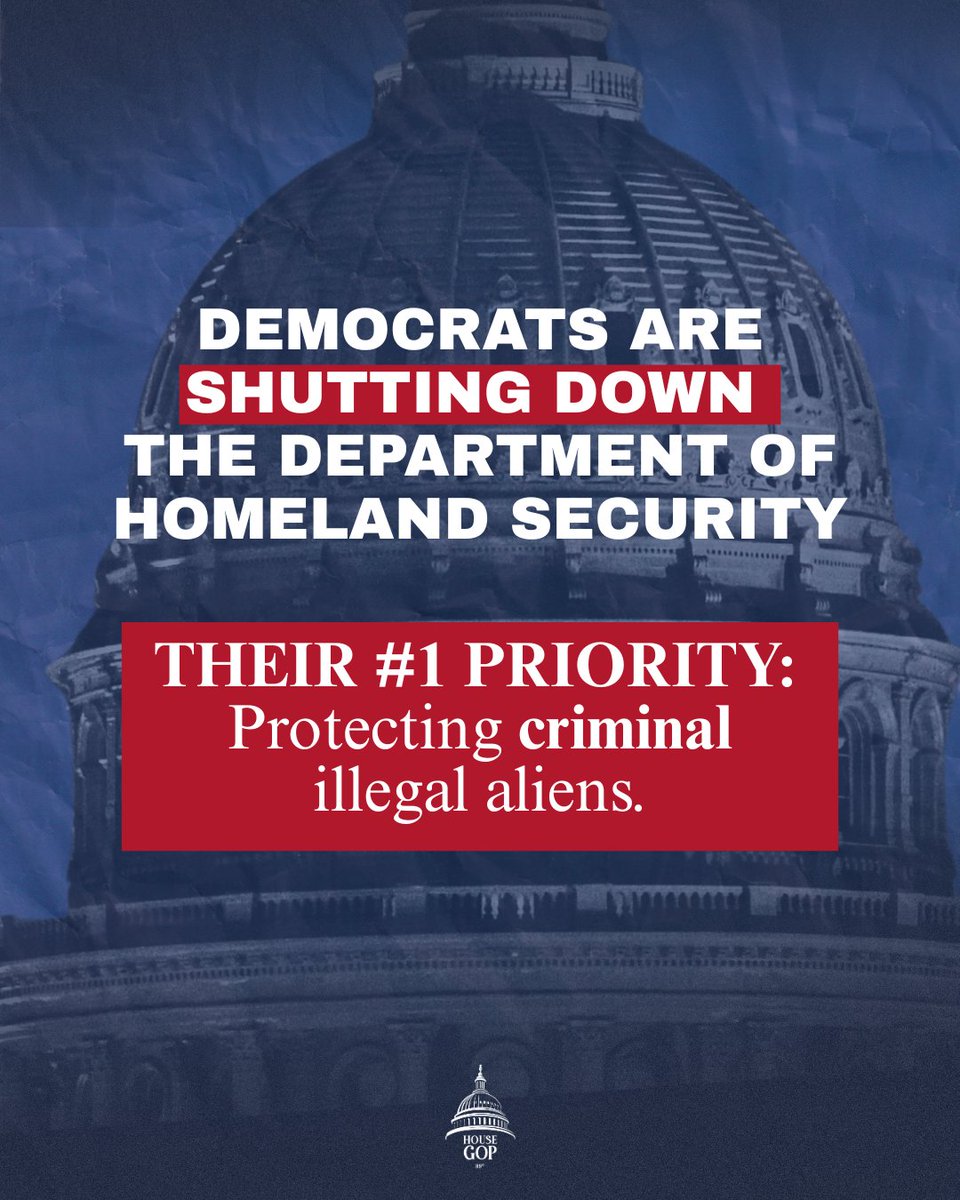 At midnight, the government will enter a partial shutdown. Why? Because Democrats are choosing to protect dangerous illegal aliens over the safety of American families.

House Republicans did our job. We passed bipartisan legislation to fund the government.

Why are Democrats