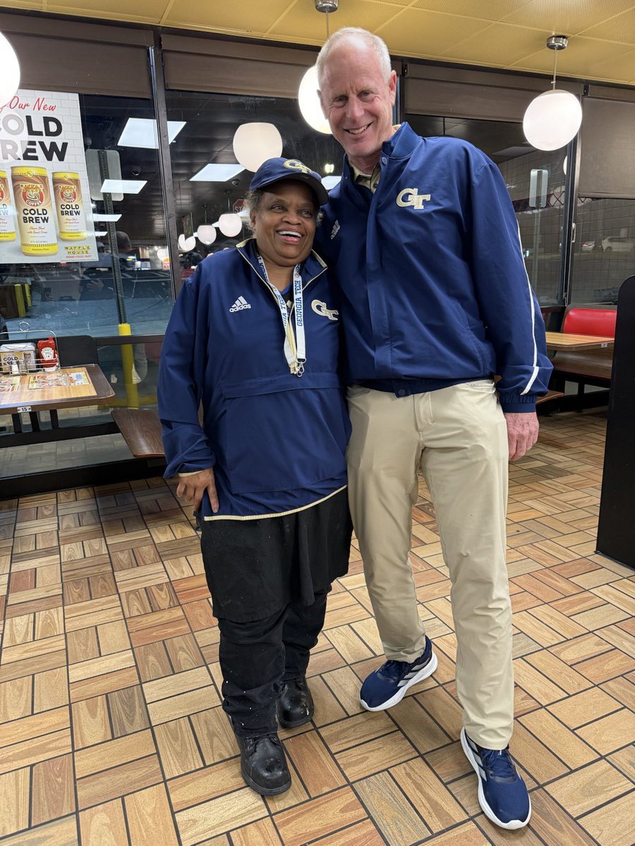 CoachTimSalem's tweet photo. Mama Kim…51 years at Waffle House…die hard GT fan…always fun to get surprise swag..! https://t.co/ijTJTBY53R