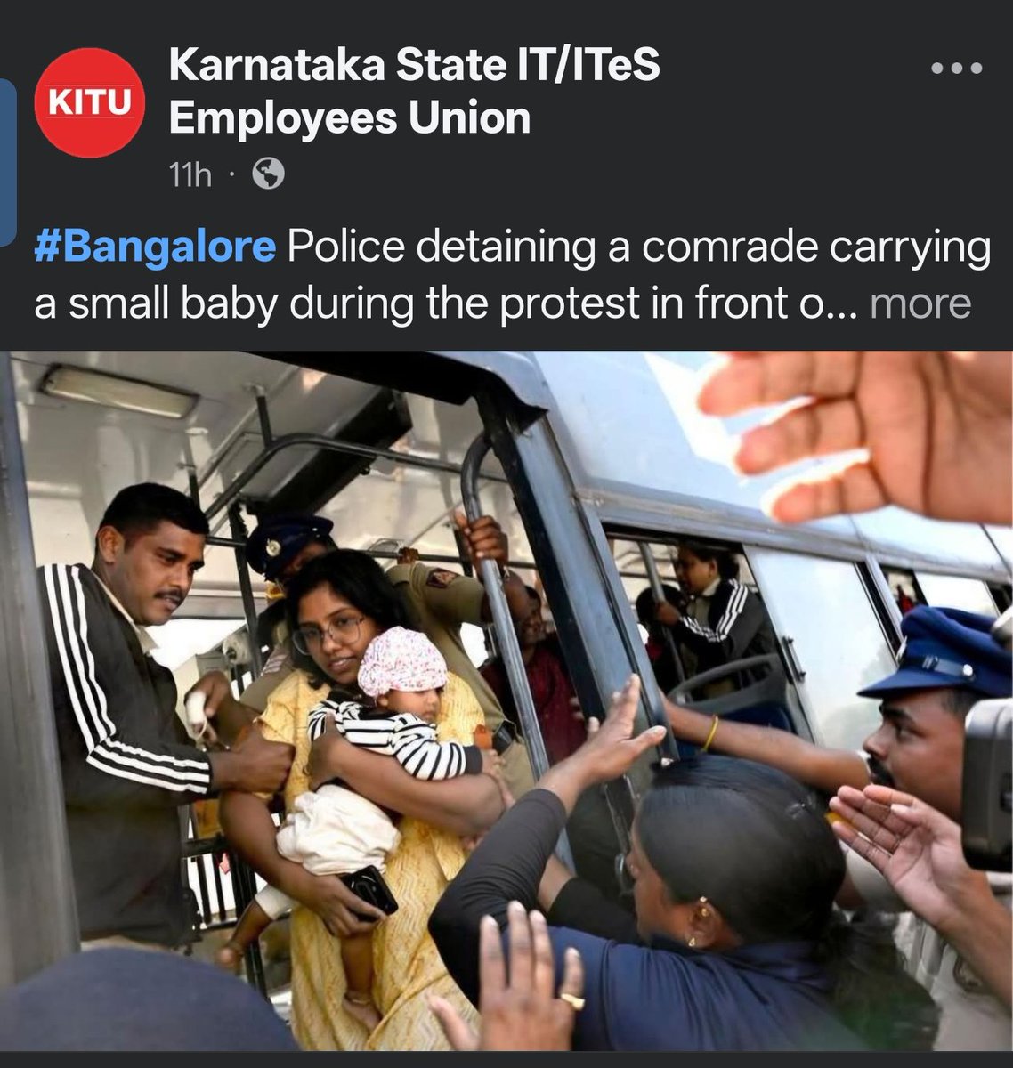 Deepu_Anchal's tweet photo. For the children who grow up, for the rights of tomorrow’s generation — struggle is our tradition, and hope is our weapon. ✊
✊ Voices of Resistance, Dreams of Tomorrow🇻🇳

On 12 February 2026, Bengaluru’s Town Hall became the heart of struggle. During the All India General Strike, Karnataka Police detained members of the @kitu_hq — including a comrade carrying a child.  

This image of courage reminds us:  
- The fight is not just for today’s workers, but for tomorrow’s generation.  
- It is about protecting democratic and human rights in the face of unjust labour codes.  
- It echoes the legacy of struggles from Salt Satyagraha to Jallianwala Bagh — proving that freedom and dignity are never handed over, they are won through struggle.  

Across India, over 30 lakhs workers joined hands in solidarity, demanding justice and fair labour rights. Banks, transport, and industries felt the pulse of resistance, while Town Hall stood as a symbol of defiance.  

#BharatBandh #KITU #CITU #WorkersUnite #Democracy HumanRights BangaloreProtest SolidarityForever