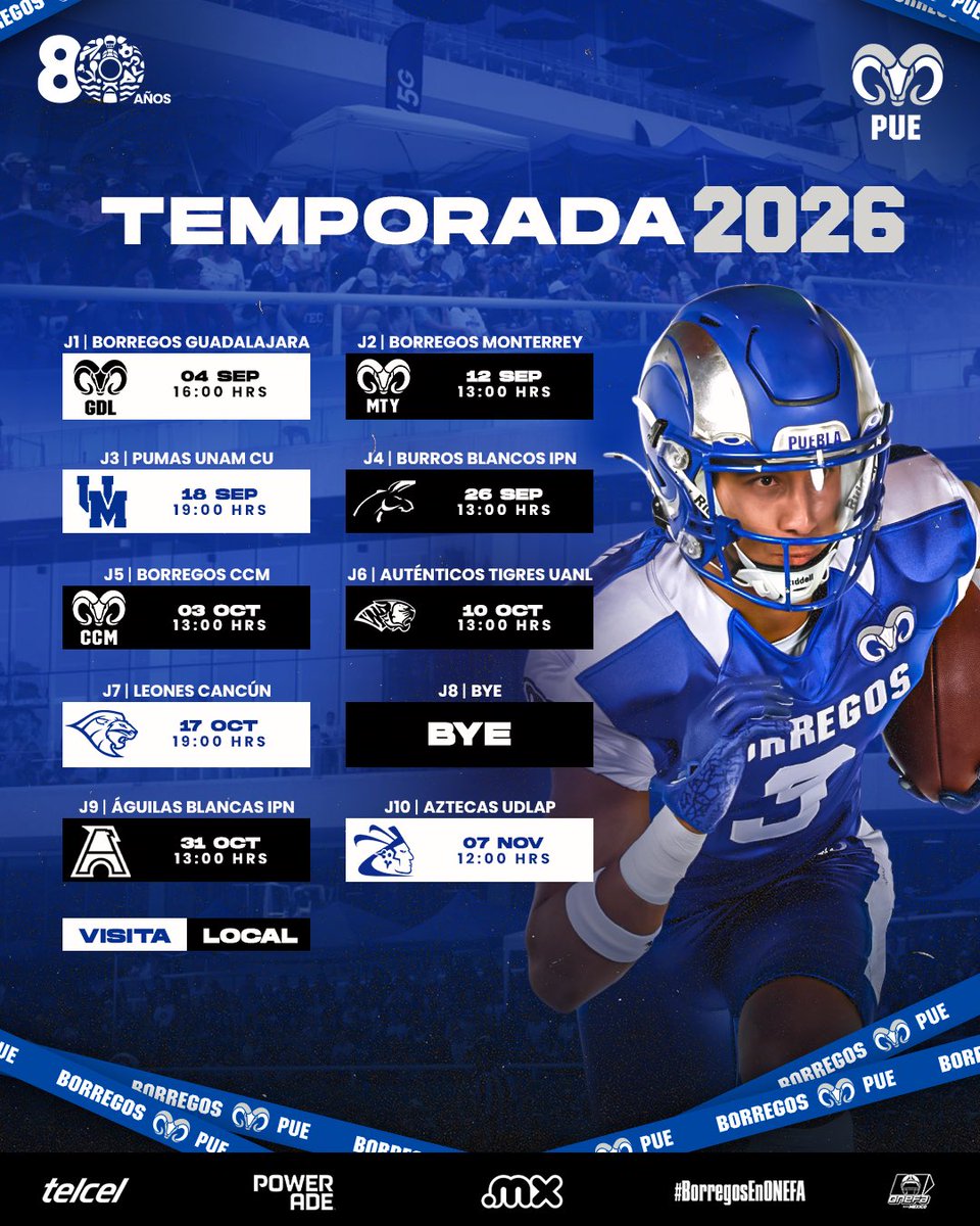 BorregosPuebla's tweet photo. ¡Ya es oficial!🤘

Les presentamos nuestro calendario para la temporada 2026 de los 14 Grandes de la ONEFA.

Marquen las fechas en su calendario porque se vienen juegos interesantes.🔥

#BorregosPuebla #BorregosEnONEFA #ATPLV 🐏 https://t.co/veelgzBbKU