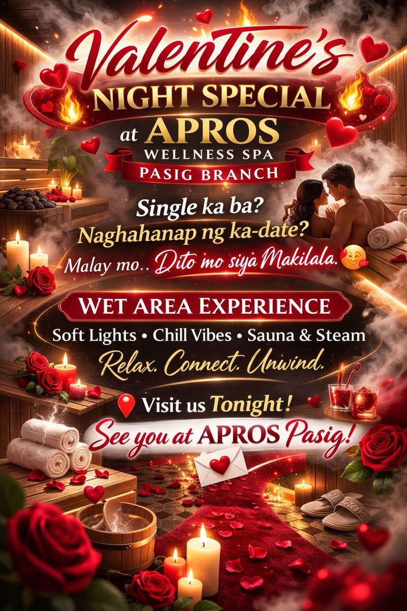 apros_spa's tweet photo. Single ka ba? 💭
Naghahanap ng ka-date ngayong Valentine’s?
Malay mo… dito mo siya makilala sa APROS Wellness Spa – Pasig Branch 😏💖
💦 Wet Area Experience | 🌫 Sauna & Steam | 🕯 Chill Vibes
Relax. Connect. Unwind.
#ValentinesAtApros #AprosWellnessSpa #Pasig #RelaxAndConnect #SingleNotAlone