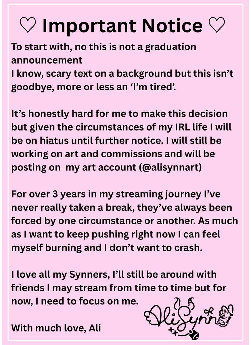୨୧ 𝗡𝗢𝗧 𝗔 𝗚𝗥𝗔𝗗𝗨𝗔𝗧𝗜𝗢𝗡 𝗔𝗡𝗡𝗢𝗨𝗡𝗖𝗘𝗠𝗘𝗡𝗧 ୨୧

due to some IRL things that have come up and on the verge of burnout I will be taking a break until further notice. 
Art and commissions will still happen over on <a href="/AliSynnArt/">AliSynn ʚɞ | Art Account | Comms Open</a> 

I 𝙬𝙞𝙡𝙡 be back ♡

wait for me? ♡