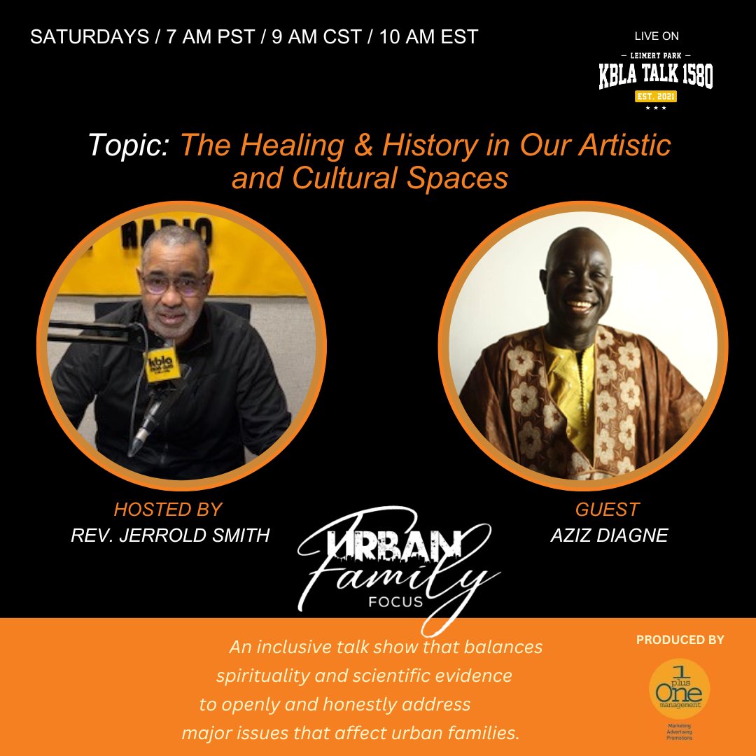 UrbanFam_Focus's tweet photo. This Saturday at 7AM (PST) 📻
We’re discussing “The Healing &amp; History in Our Artistic and Cultural Spaces” with artist &amp; founder Aziz Diagne of Aziz Gallerie.
A powerful conversation on art, legacy &amp; community healing.
Tune in.

#ArtsAndCulture #CommunityHealing #UrbanFamilyFocus https://t.co/NH01PnPal7