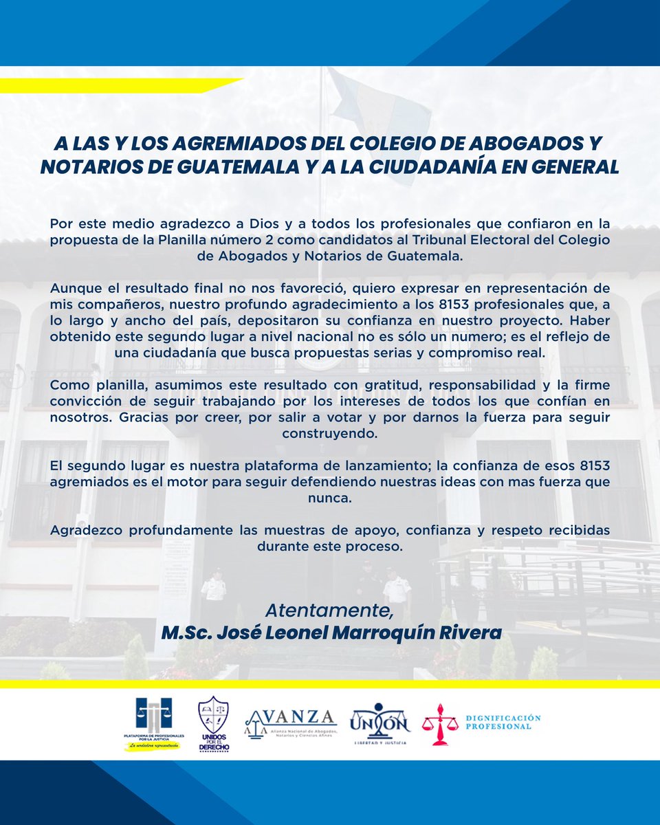 Quiero expresar mi más sincero agradecimiento a quienes acudieron a las urnas y nos brindaron su respaldo. Aunque los números finales nos sitúan en el segundo lugar, aceptamos los resultados con la madurez que la democracia exige.

Dios los bendiga.
