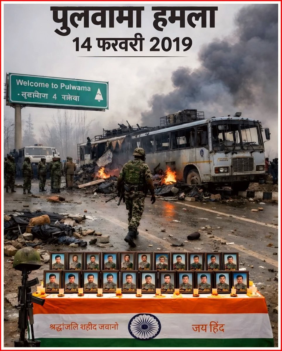 Black Day – 14 फरवरी 2019
Pulwama attack
🖤 देश के वीर सपूतों को विनम्र श्रद्धांजलि 🖤
14 फरवरी 2019 का दिन भारत के इतिहास में एक अत्यंत दुःखद दिन के रूप में दर्ज है। इस दिन हमारे बहादुर जवानों ने मातृभूमि की रक्षा करते हुए अपना सर्वोच्च बलिदान दिया।
"अमर शहीदों को शत-शत नमन 🇮🇳
