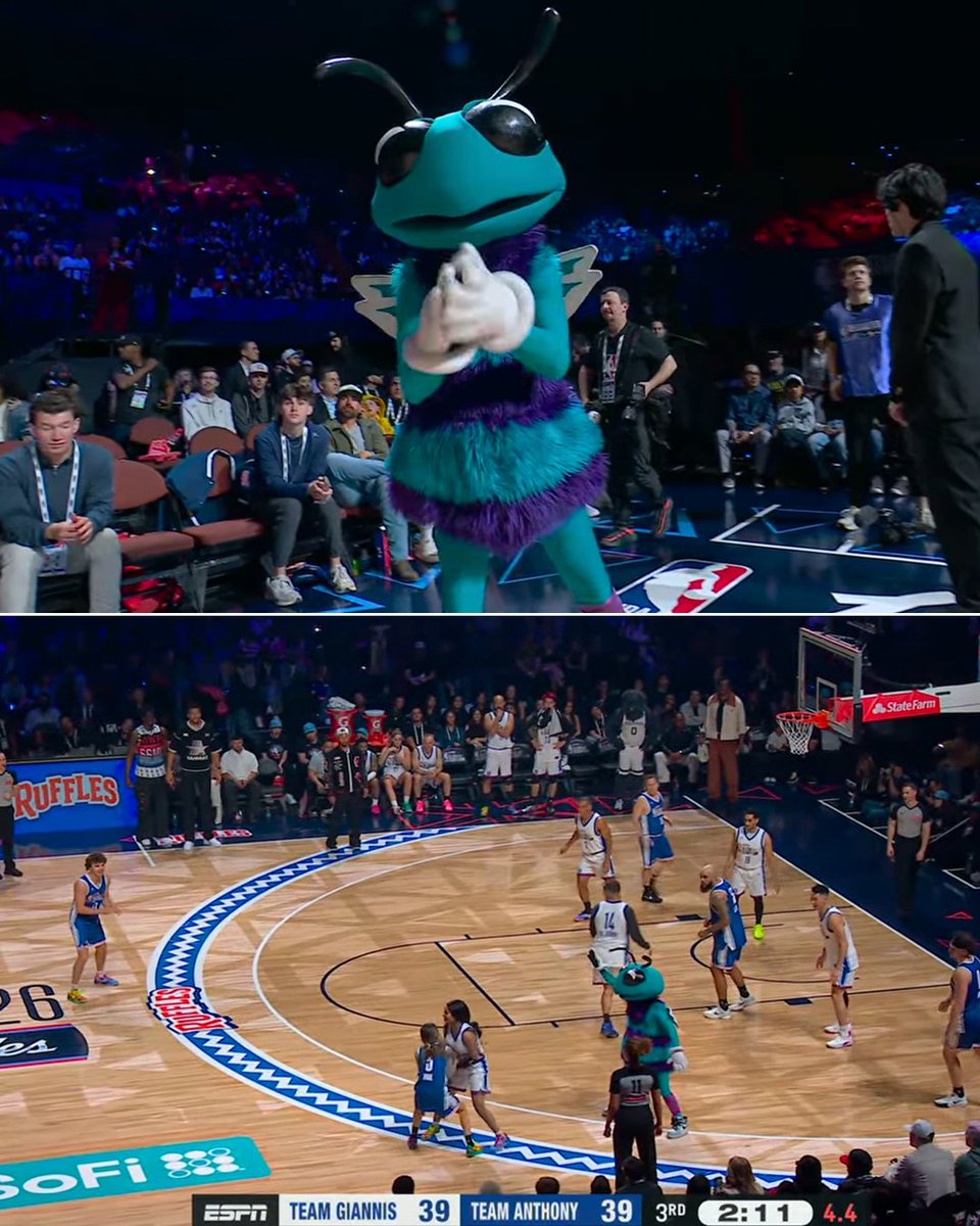 Hugo the Hornet runs onto the court during the Celebrity All-Star Game 😭