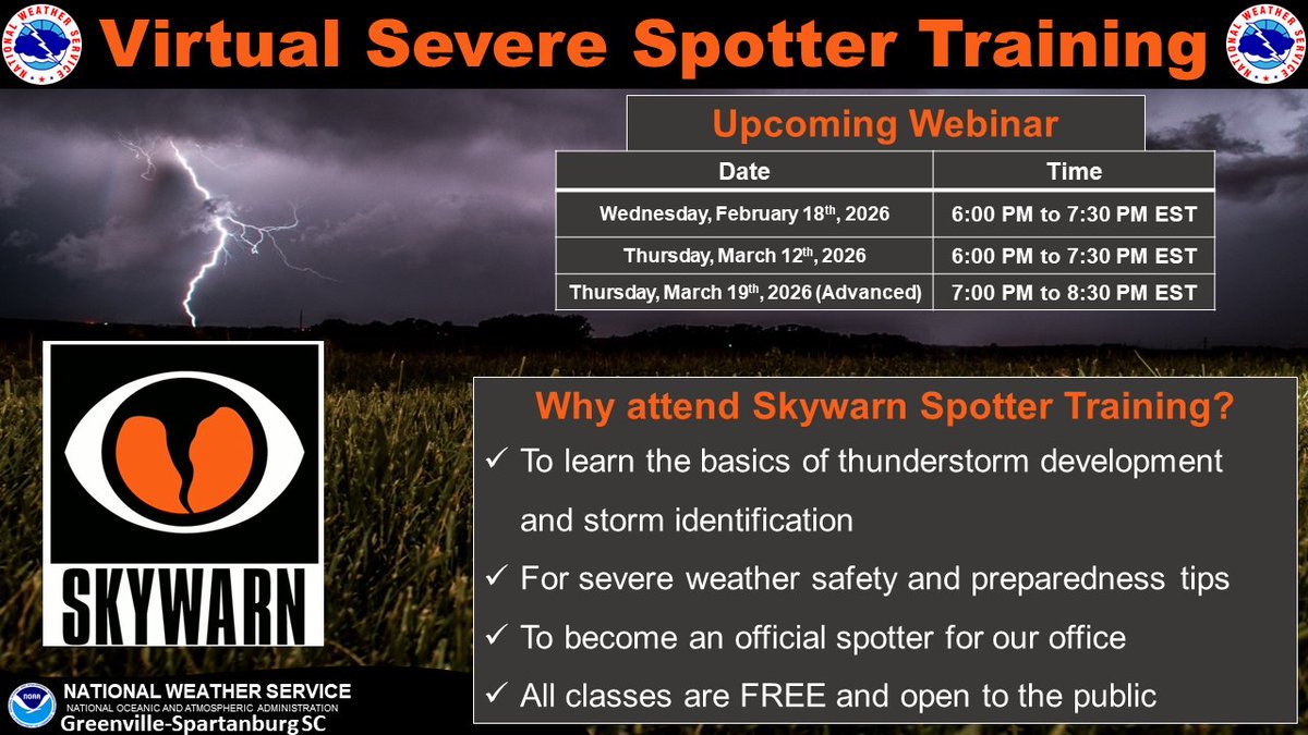 Anyone interested in becoming a storm spotter or learning more about preparations for storms may attend the Virtual Spotter Talk.

Registration links online at: weather.gov/gsp/skywarn

#scwx #ncwx #gawx