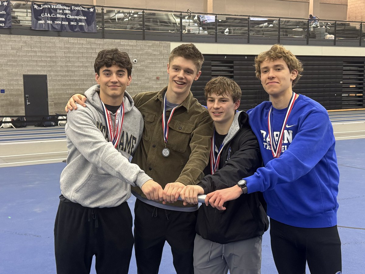 Alex Donahue, Jack Schaller, Chase Larsen, and Drew Sharron earned All-FCIAC 1st honors by placing second in the 4 x 400 at the FCIAC Championship last week. <a href="/DHSbluewave/">Darien H.S. Athletics</a>