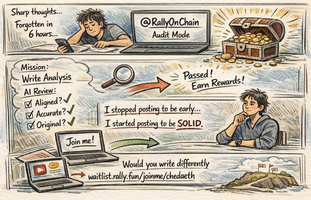 chedaeth's tweet image. I noticed something uncomfortable.
I give my sharpest thinking to the timeline, and the timeline forgets it in 6 hours.

So I tried @RallyOnChain. 
Not as a side hustle. More like an audit.

If a project sets a mission, I write my take. AI checks if it’s actually aligned,