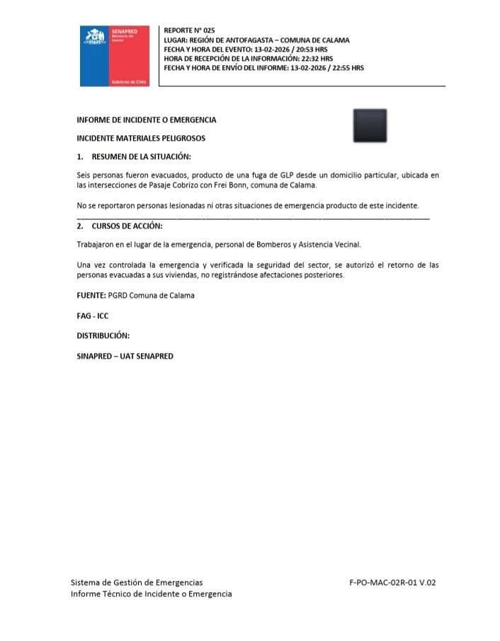 Estimad@s 

Junto con saludar, se adjunta Informe Técnico N° 025: Incidente Materiales Peligrosos - Comuna de Calama

Atentamente.
*Unidad de Alerta Temprana Regional SENAPRED Antofagasta*