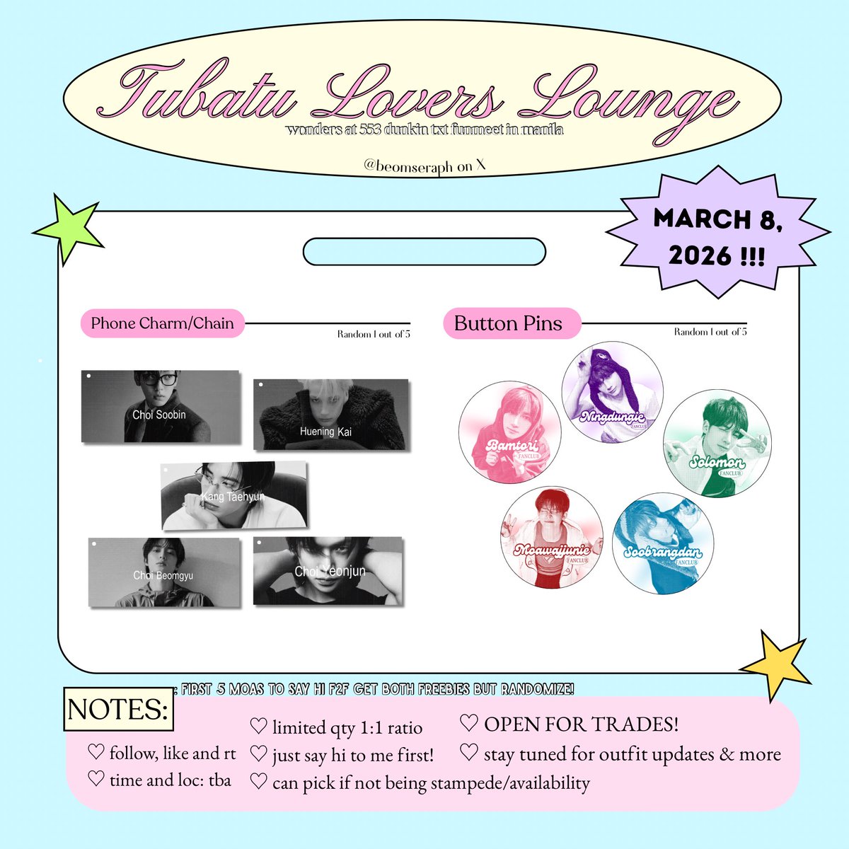 dubaddu? wari wari! ᭝ ᨳଓ ՟ <a href="/beomseraph/">ꕶhᎥki⁵ ࣪𖤐౨ৎ</a> 
―𓏲⋆ txt dunkin funmeet 🫶 freebies for moas!

♡ follow, like &amp; rt
♡ time &amp; loc: tba
♡ limited qty 1:1
♡ can pick if not stampede
♡ dm for trades 📥
♡ stay tuned ✨

#DunkinPH_TXT 
#DunkinPH_WondersAt553
#TOMORROW_X_TOGETHER #TXT