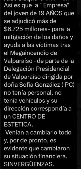 Una empresa de un tipo de 19 años, con 3 empleados y sin ninguna maquinaria, y además,  con 36 contratos con el gobierno de Boric.  QUE MANERA DE ROBAR EN ESTE GOBIERNO. Y, por supuesto, una comunista era la que estaba a cargo de la empresa. La gente les importa un comino