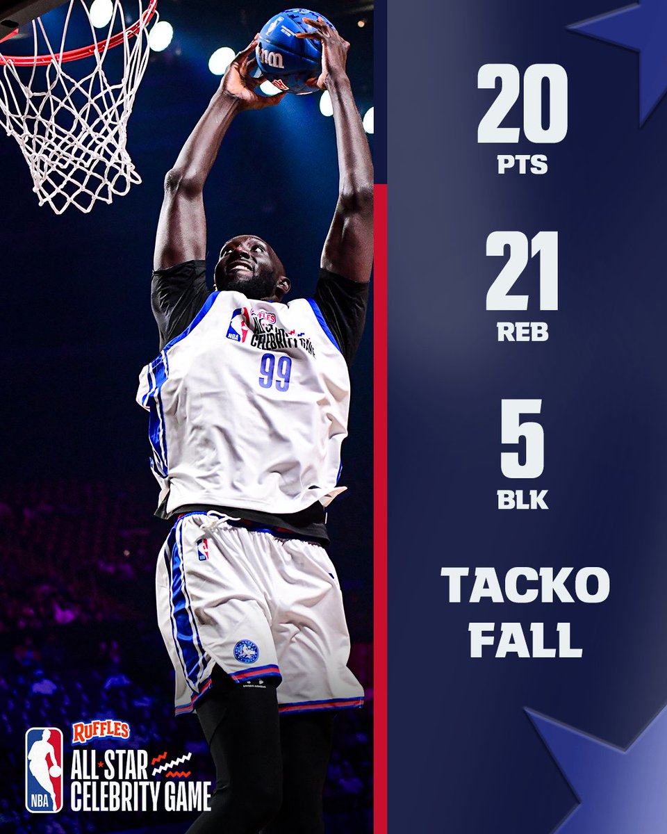 SportsCenter's tweet image. VIDEO GAME NUMBERS IN THE CELEBRITY GAME 🎮🔥

Tacko Fall was HOOPIN’ and took home the W at the NBA All-Star Celebrity Game 😤