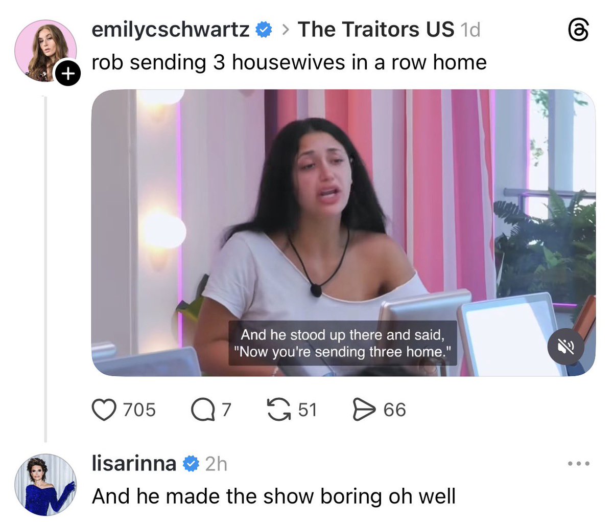 queensofbravo's tweet photo. Lisa Rinna says Rob has made #TheTraitorsUS boring 💀 https://t.co/FkDWHAmUgb