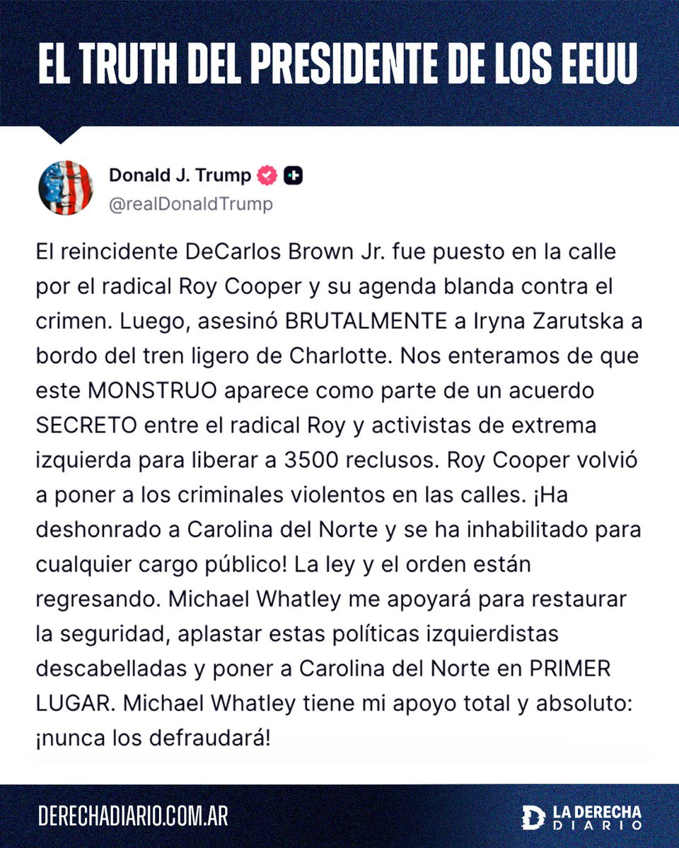 🚨🇺🇸 | Trump explotó contra el exgobernador de Carolina del Norte, Roy Cooper, por haber liberado al siniestro asesino de Iryna Zarutska junto a 3.500 peligrosos criminales: "El reincidente DeCarlos Brown Jr. fue puesto en la calle por el radical Roy Cooper y su agenda blanda