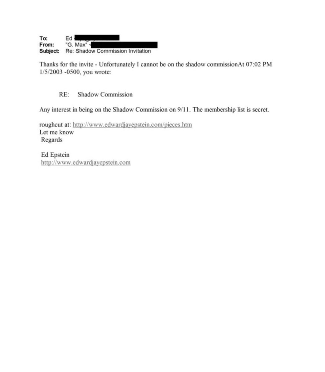 Ghislane Maxwell was asked to be on the “9/11 Shadow Commission”. 

 The official 9/11 Commission, set up by George Bush, was set up on November 27, 2002, to investigate all aspects of the September 11 attacks. 

The entire commission was mostly done behind closed doors with