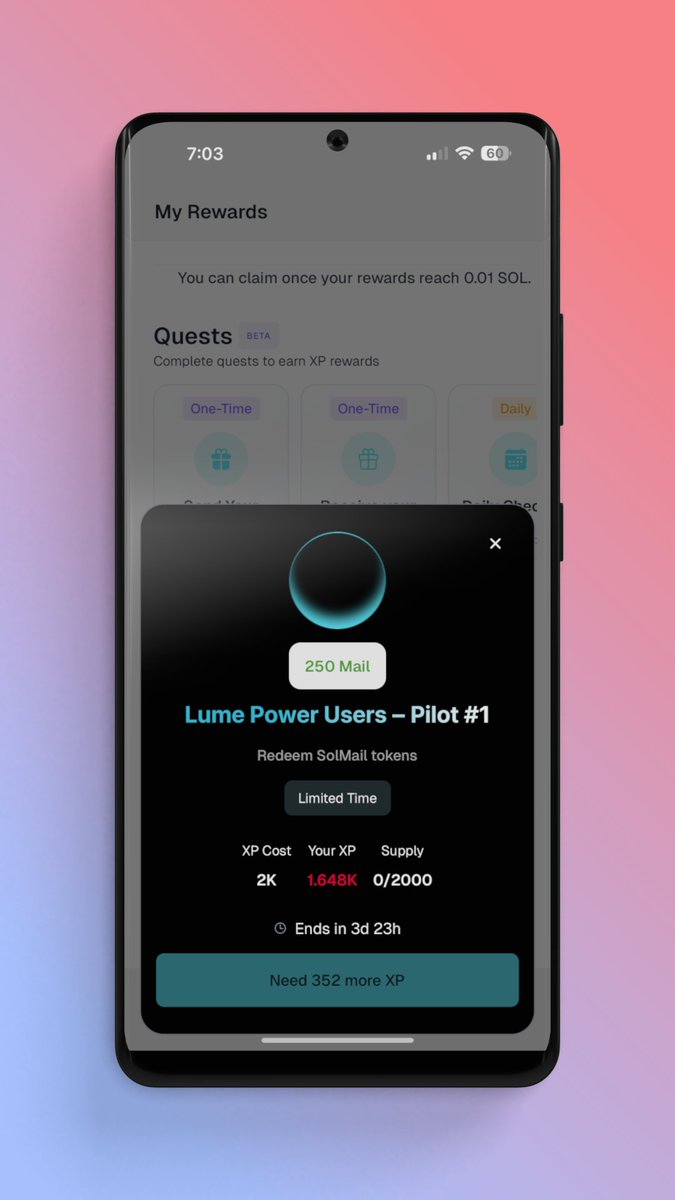 Earn <a href="/SolMailOfficial/">SolMail</a> $MAIL tokens via Lume. 
Burn 2K XP and redeem 250 $MAIL. 500M $MAIL to be claimed. Who's going to claim first? 

Available on Android Play Store, <a href="/solanamobile/">Seeker | Solana Mobile</a> and iOS Testflight.